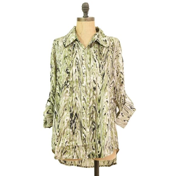 Larsen Gray Button Down Top Size L Long Roll Sleeve Printed Green NEW Tag B80 - Picture 1 of 4